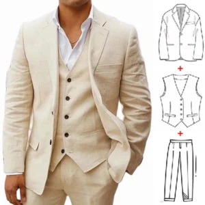 3 Piece Linen Summer Men Suits for Wedding Groom Tuxedos