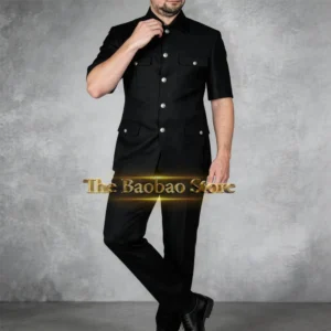 Men's Black Suit 2 Pieces Set Short-sleeved Jacket and Pants Classic Summer Wedding Tuxedo